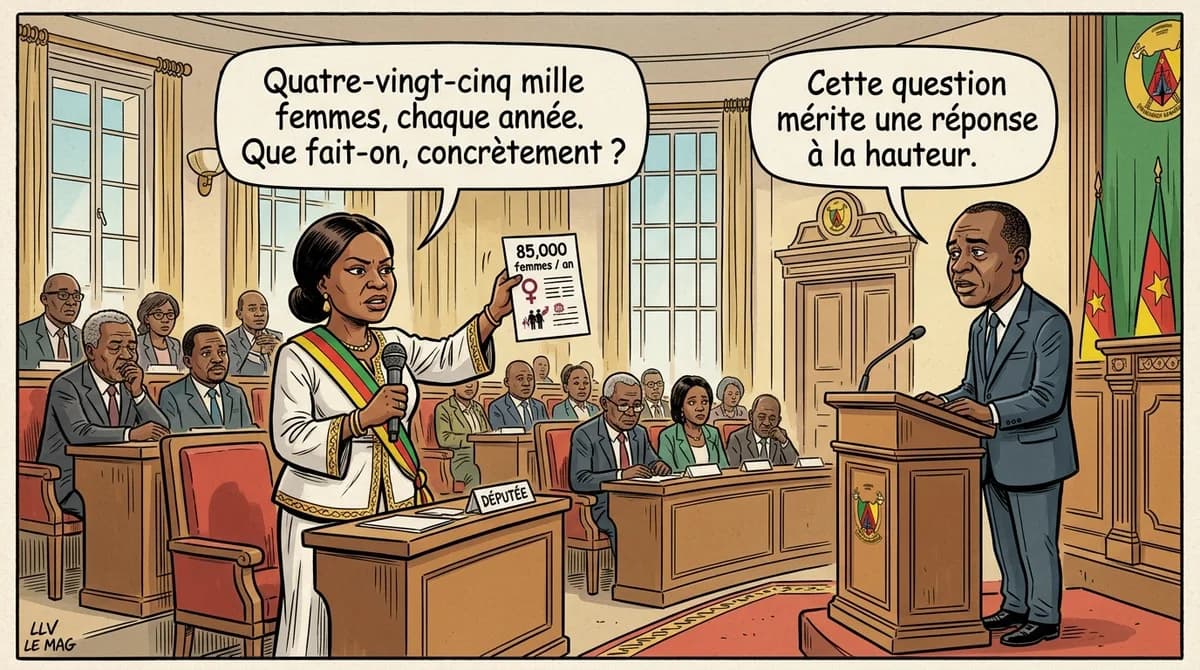 Illustration éditoriale pour Assemblée nationale : la députée Angèle Toukam Tela interpelle le ministre Abena Ondoa sur l’éradication des féminicides