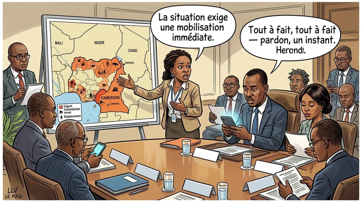 Illustration éditoriale pour Crise dans le Nord-Ouest et le Sud-Ouest : l'OIM mobilise les partenaires diplomatiques à Yaoundé