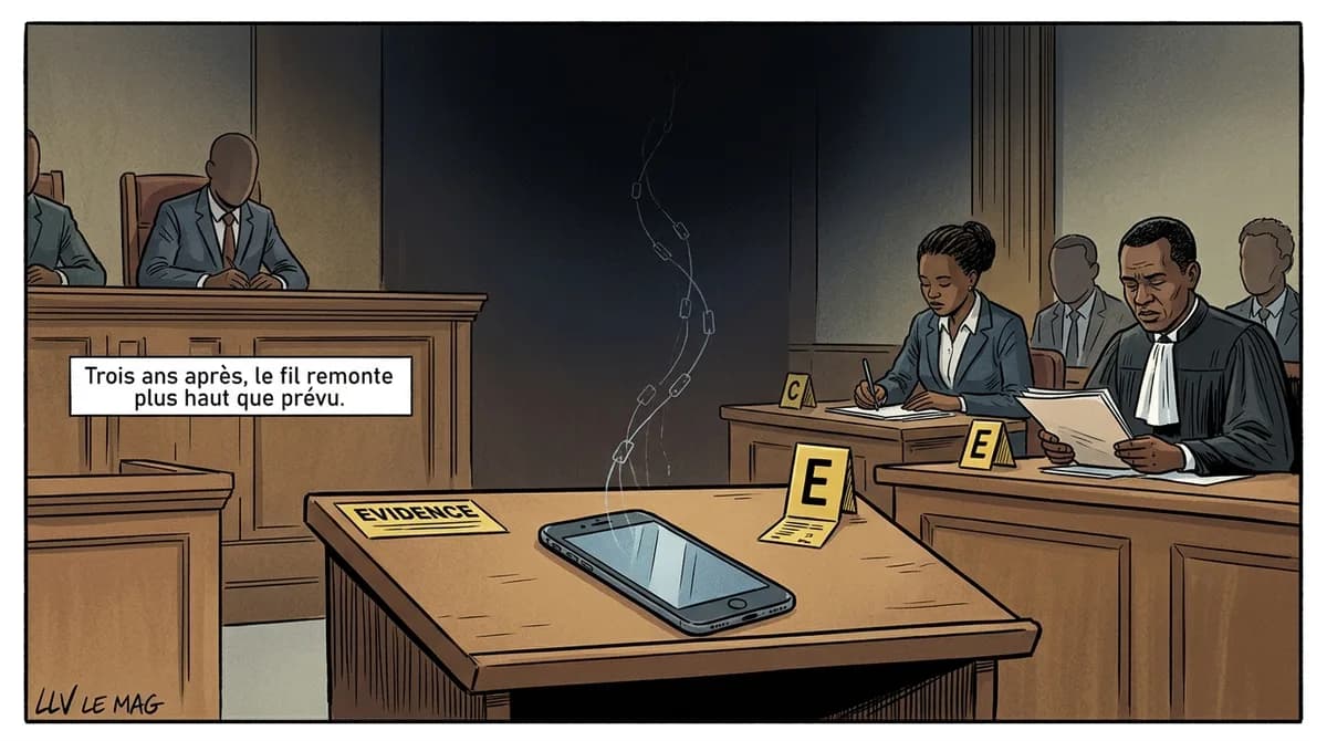 Illustration éditoriale pour Procès de l’assassinat de Martinez Zogo : le témoignage d’un expert cyber révèle des liens étroits avec la présidence