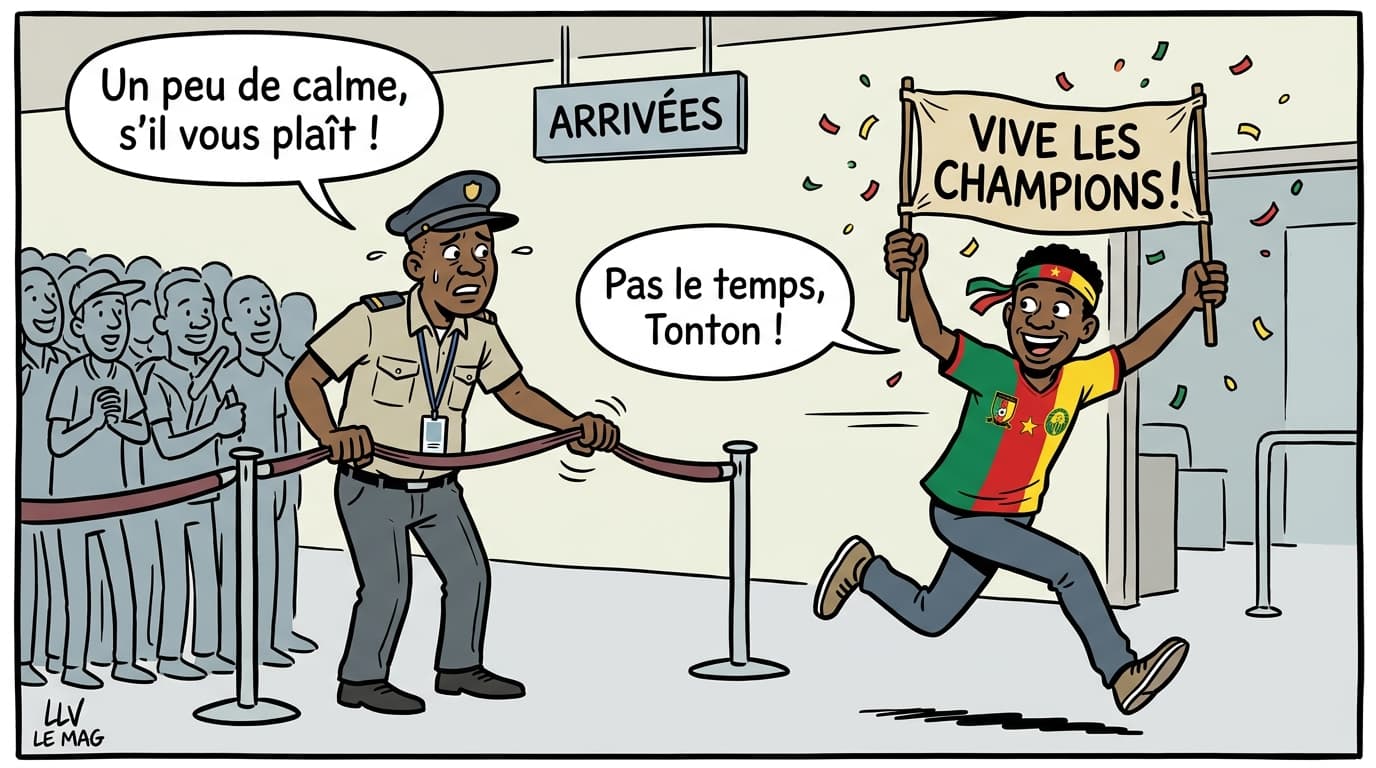Illustration éditoriale pour Cameroun : les Lionnes indomptables rentrent en héroïnes après leur sacre à la CAN 2026