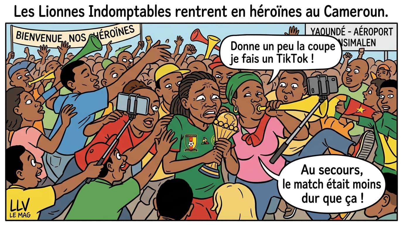Illustration éditoriale pour CAN féminine 2026 : les Lionnes Indomptables rentrent en héroïnes au Cameroun