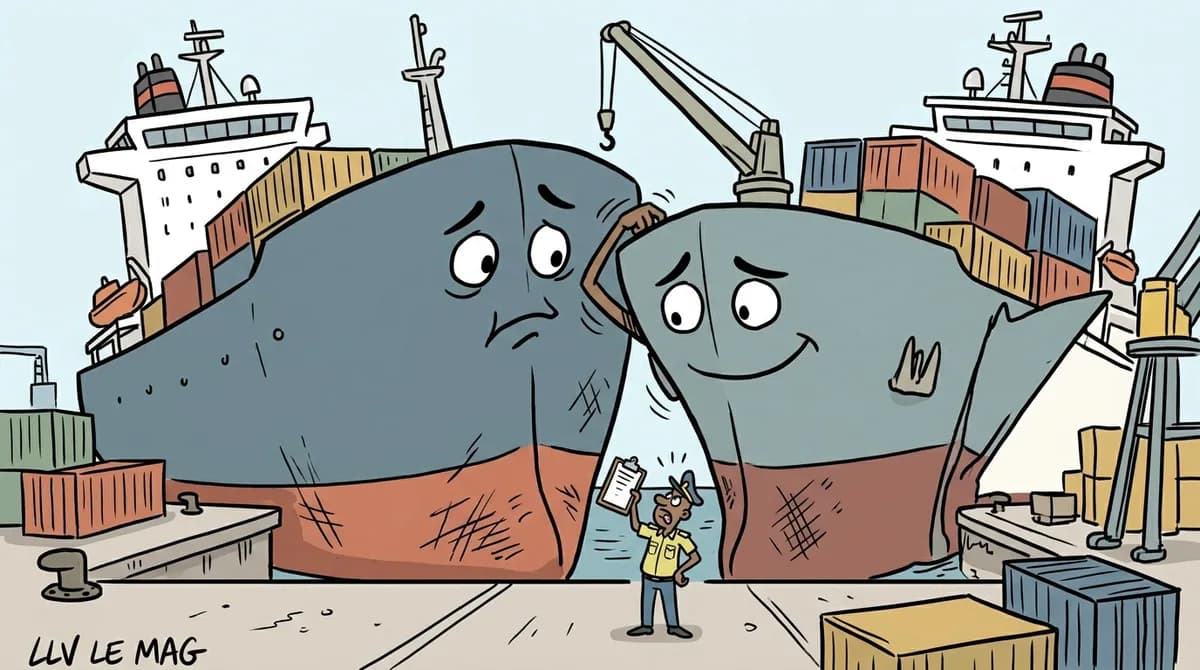 Illustration éditoriale pour Collision entre MV SEA HONOR et MV BLACK RHINO : le port de Douala reprend son souffle après un drame nocturne